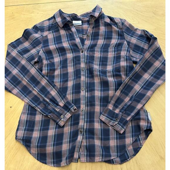 Columbia Shirt Womens Med Pink Blue Plaid Button Front Cotton Collared Spring - Picture 1 of 6